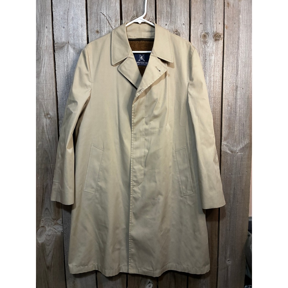Vintage Kuppenheimer Mens Tan Trench Coat Faux Fur Lined Overcoat 40 Reg USA
